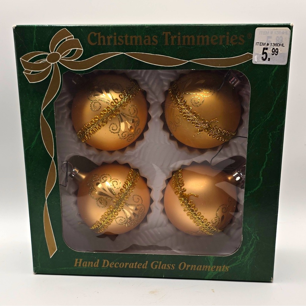 Bradford Christmas Trimmeries Hand Decorated Glass Ball Ornaments 4 Gold 1360HL